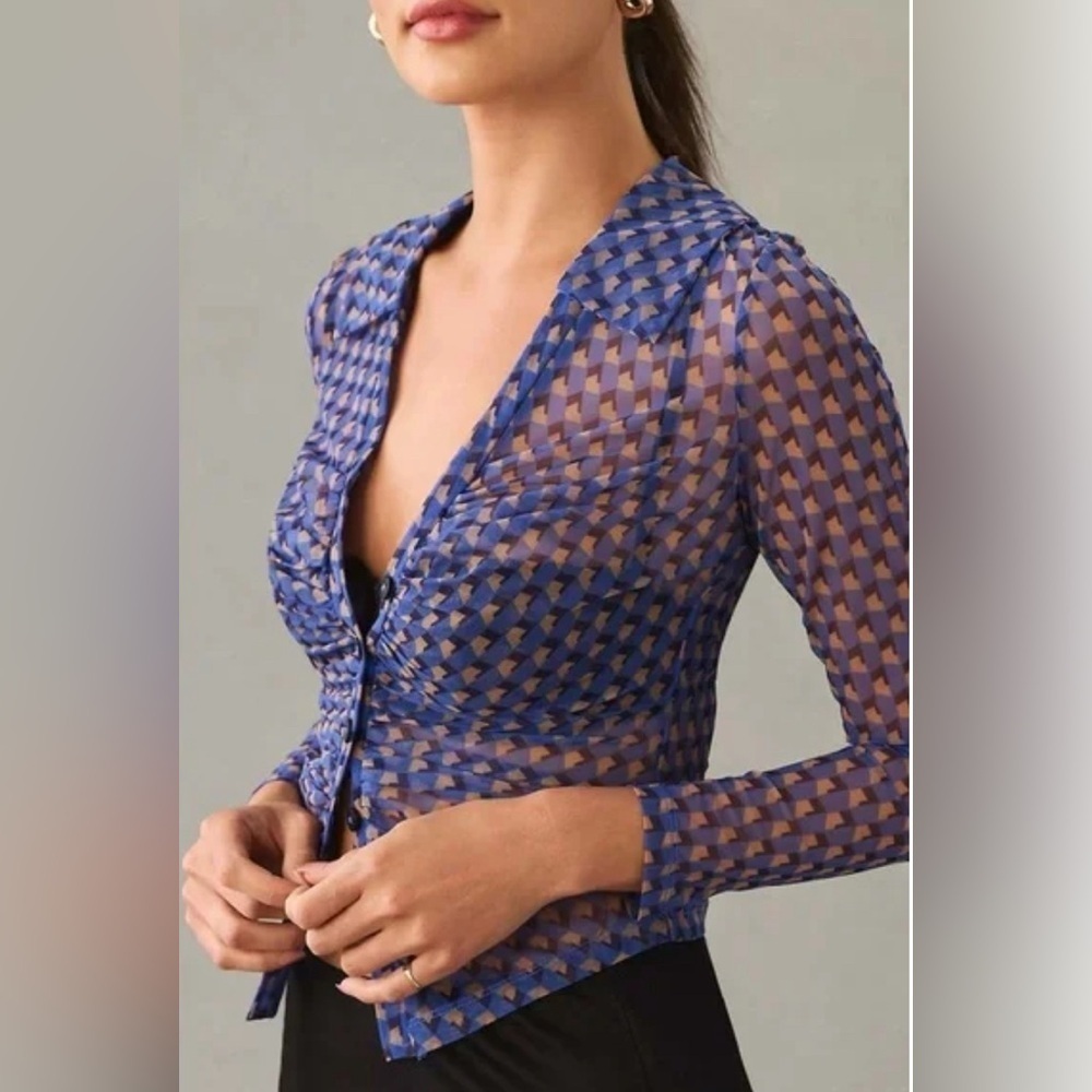 Anthropologie Maeve Sheer Ruched Buttondown Blouse - Picture 2 of 9